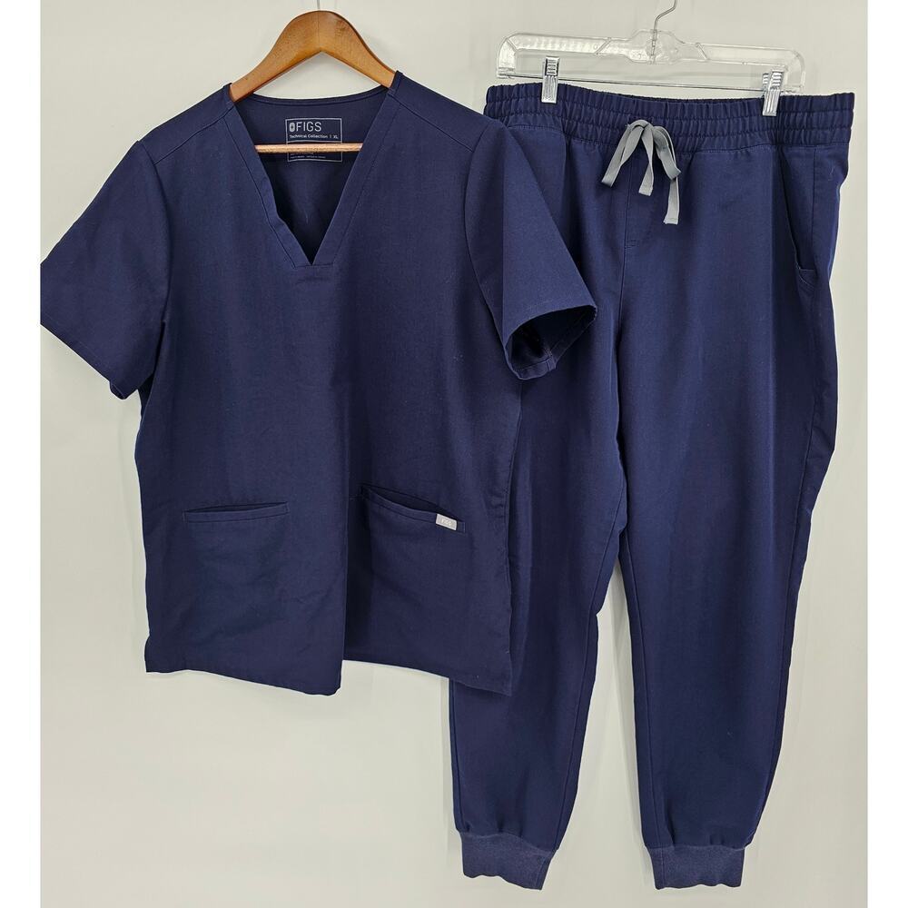 Figs Women's XL Navy Casma Scrub Top and Zamora Jogger Pants Scrub Set